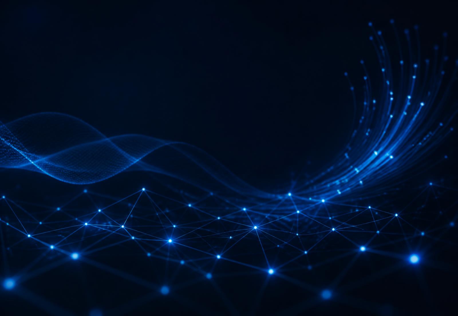 Illustration abstraite d'un réseau de télécommunications : nœuds lumineux reliés par des lignes de connexion